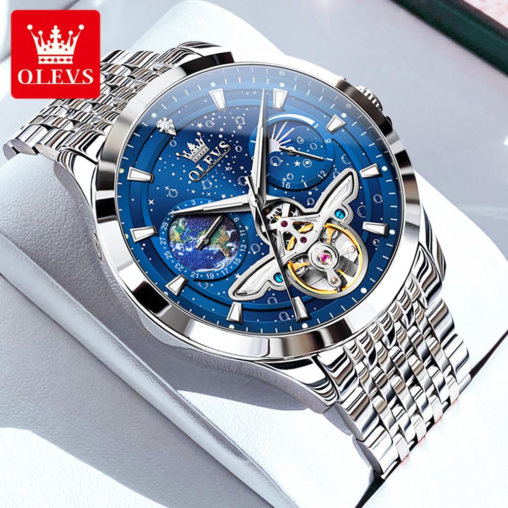 OLEVS 6705 Luxury Man Watch Fashion Skeleton Flywheel Moon Phase Starry Sky Original Automatic Mechanical Wrist Watches for Men