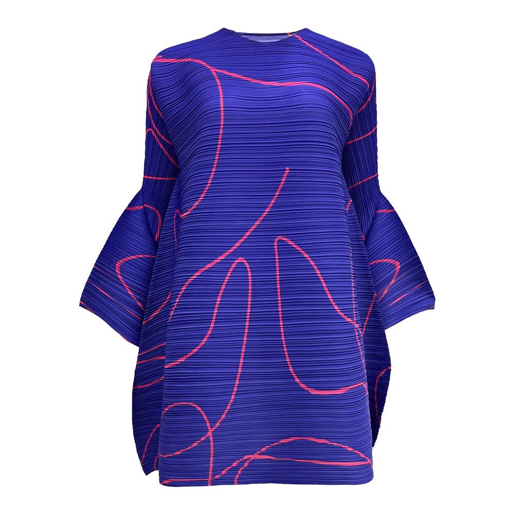 

2025 Korean Folded Sleeve A-line Dress: Printed, High Waist, Loose Fit, Gentle Style One Size синий