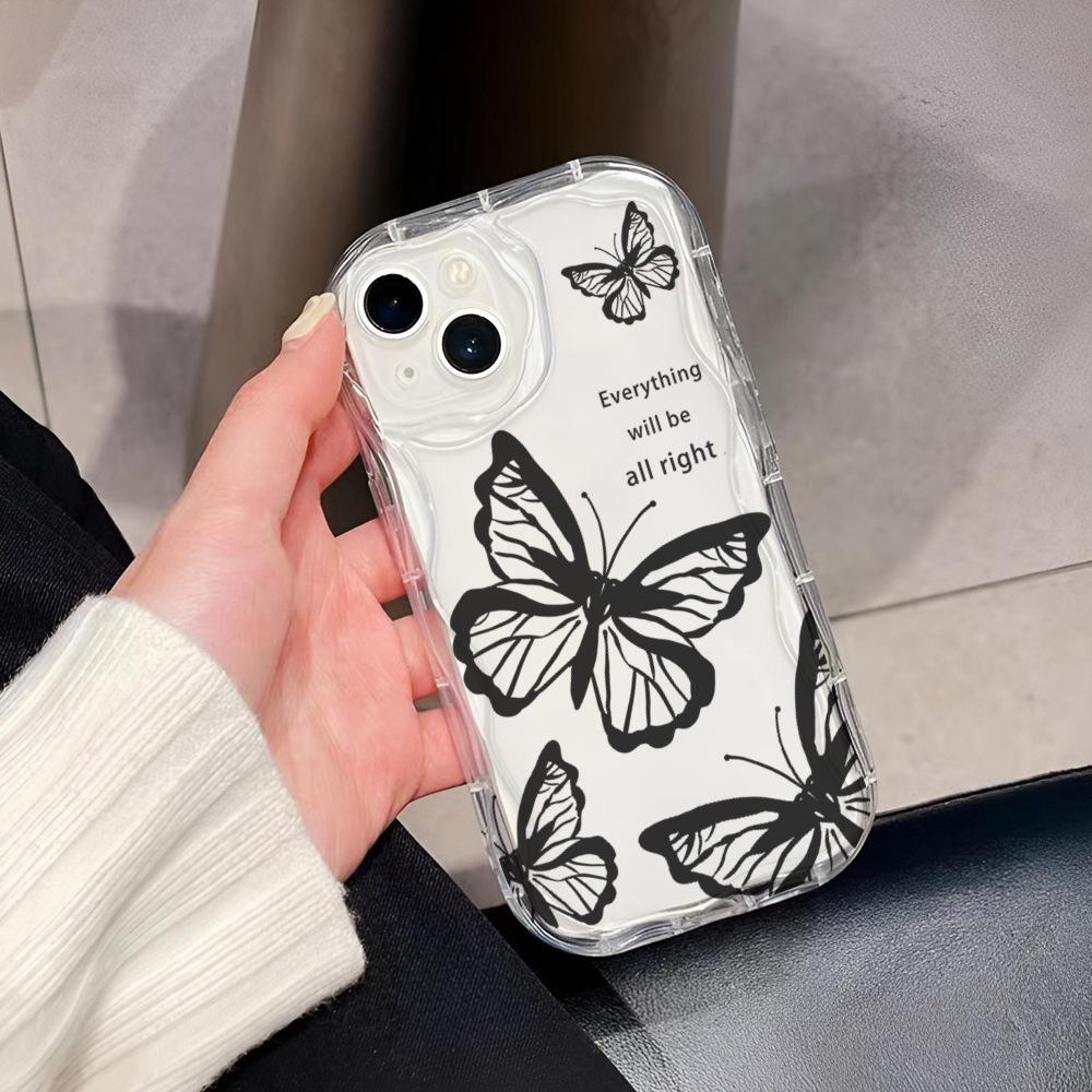 New Literary Calligraphy Butterfly Apple 13 Mobile Phone Case 15pro Transparent 14pm Creative 12 Cream Pattern 11 Anti-drop