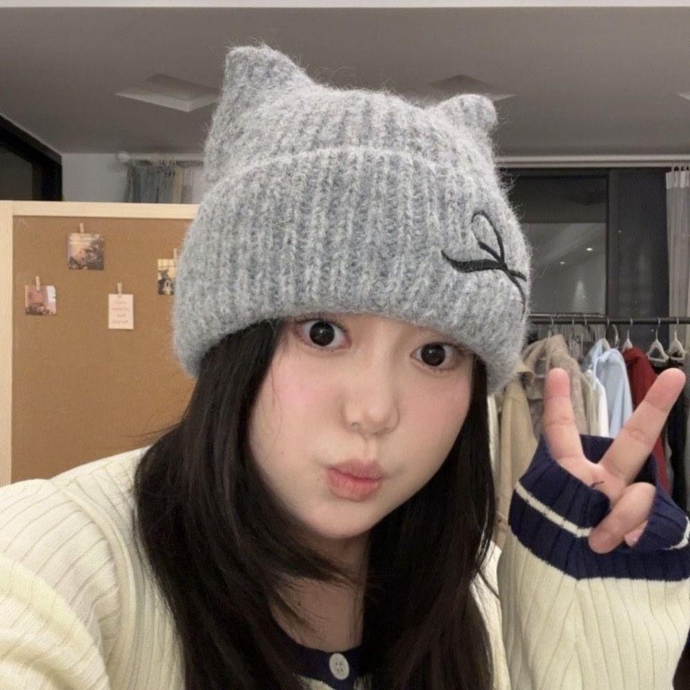 Windproof Knitted Woolen Hat Thickened Knitted Skullies Soft Cat Ear Beanie  Winter