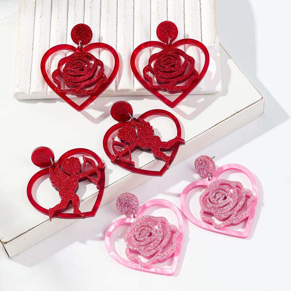 Pink Red Hollow Love Acrylic Drop Earrings for Women New Glitter Rose Flower Cupid Heart Earring Jewelry Valentine's Day Gift