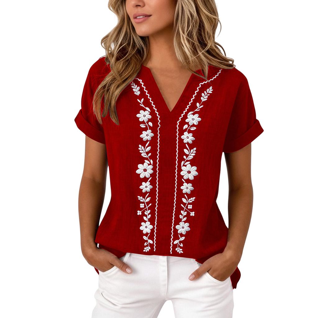 Women's V-Neck Embroidered Blouse - Short Sleeve, Casual Tunic Top for Summer, Business Casual Shirt