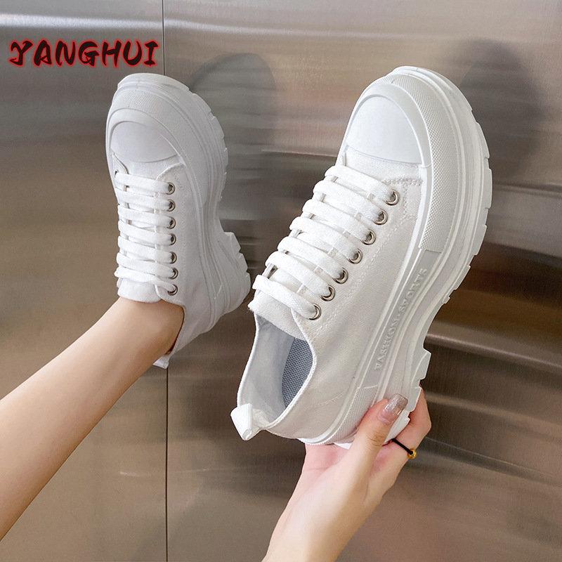 Fashion Casual Thick Soled Couple Shoes Solid Color Lace Up Comfortable Women's Sneakers Anti-skid Wear-resistant Men's Shoes