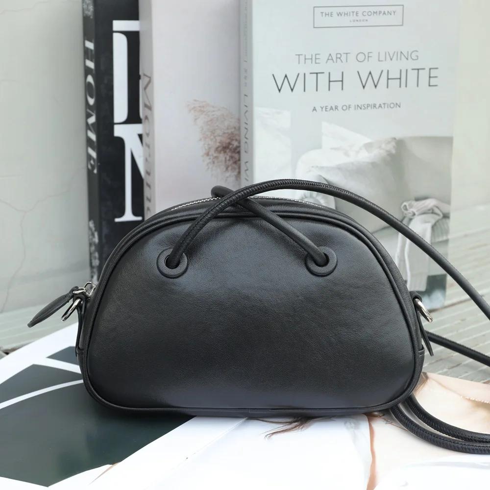 Luxury Women's Small Shoulder Bag Genuine Cowhide Leather Handbag  Girl's Popular and Fashionable Underarm Bowling Purse