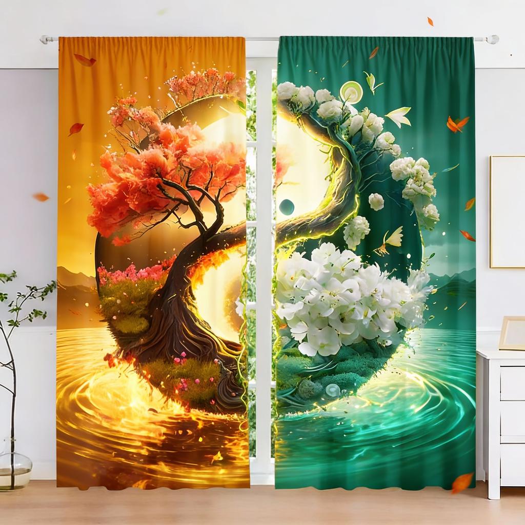 2pcs, Polyester Material, High-definition Digital Printing Two-color Splicing Landscape Pattern Print, Light Filtering Curtain,