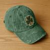 Distressed Washed Cotton Baseball Cap with Embroidered Clover Adjustable Vintage Style Dad Hat