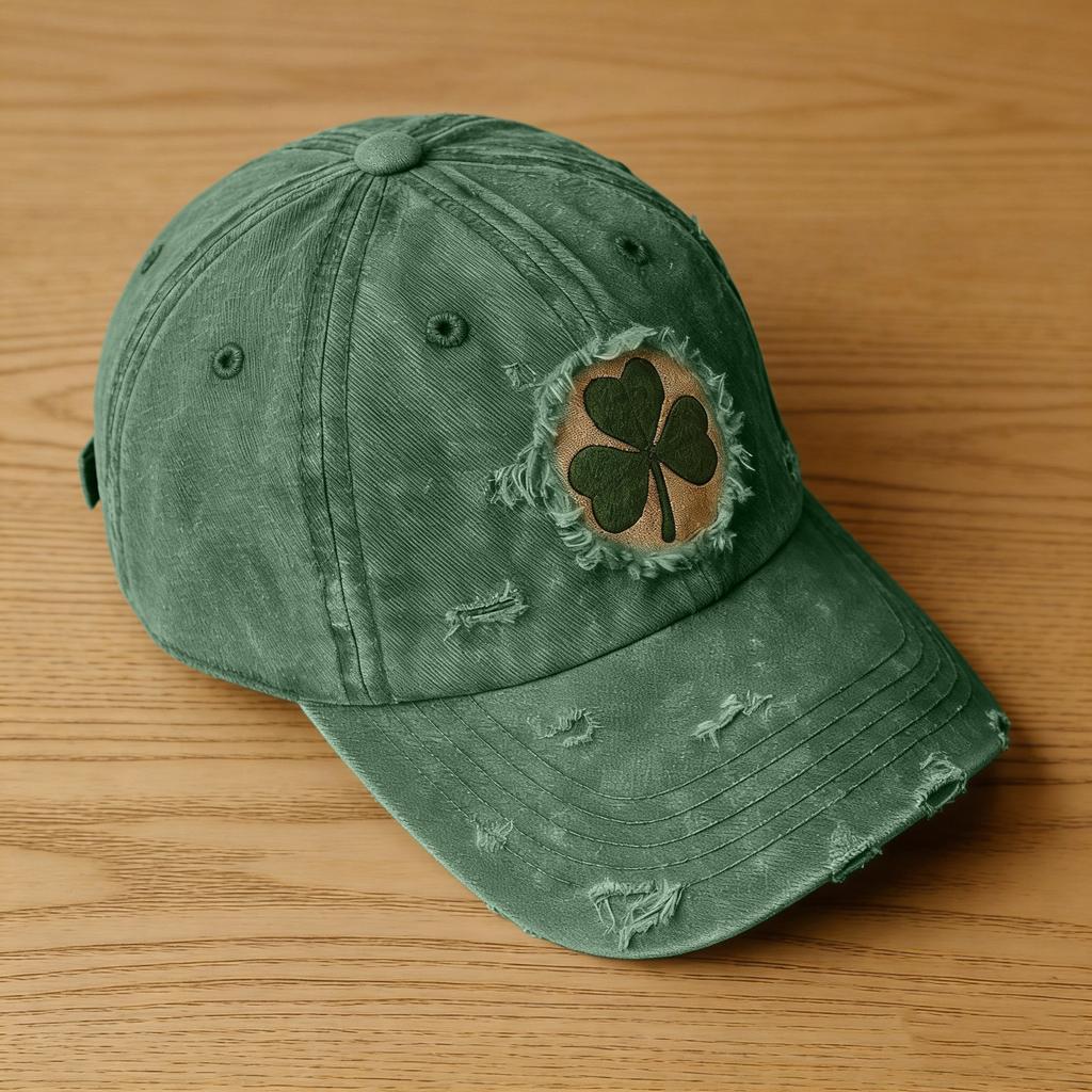 Distressed Washed Cotton Baseball Cap with Embroidered Clover Adjustable Vintage Style Dad Hat