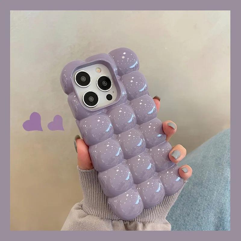 Cute Cartoon 3D Block Lattice Case for iPhone 15 14 13 16 Pro Max 12 11 Glossy Candy Solid Color Soft Silicone Shockproof Cover