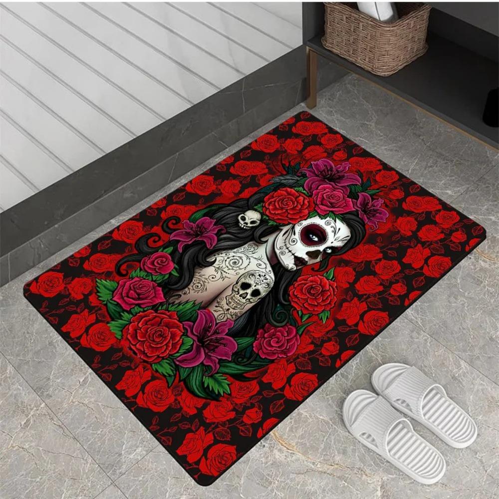 Gothic Skull Rose Girl Mat - Halloween Non-Slip Rug for Living Room, Bedroom & Kitchen, Machine Washable Home Decor Carpet