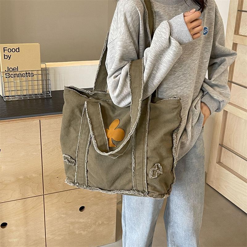 Denim canvas retro bag women's large capacity shoulder bag tote bag casual college student class bag commuter bag