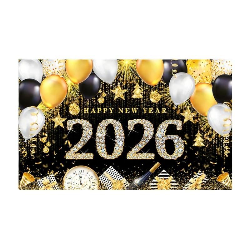 Happy New Year 2026 Banners With Balloon Pattern Decoration For Outdoor Indoor Festives Event Photoshoot Backdrop Favor