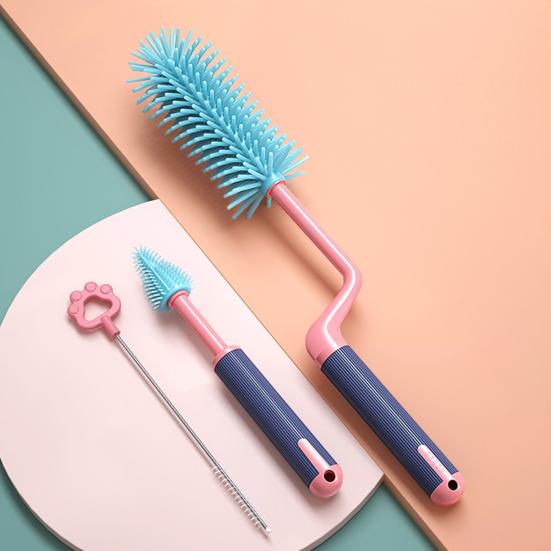 3Pcs/Set Bottle Brush Detachable Soft Liquid Silicone Head Infant Feeding Utensil Cleaner Non-Slip Handle Bottle Brush