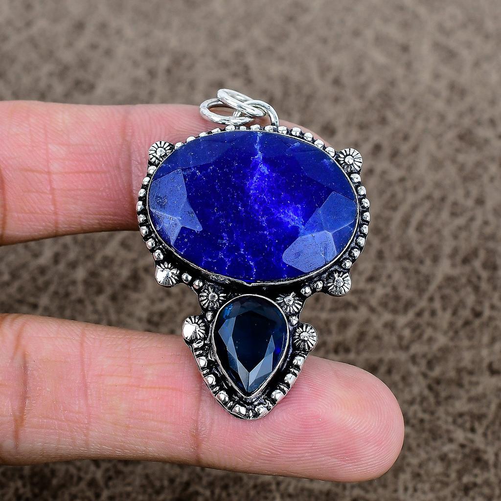 Blue Jade, Topaz Gemstone 925 Sterling Silver Jewelry Pendant 2.09" KKG-322