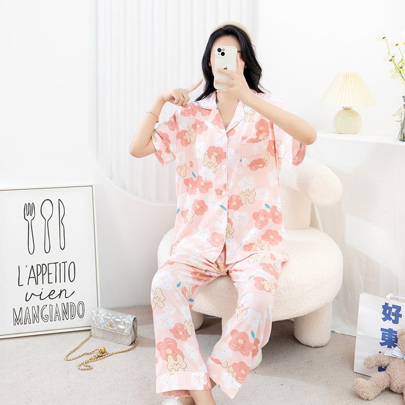 Cotton and silk pajamas women's spring and summer short-sleeved large-size suit spring and autumn thin cartoon printed loungewear