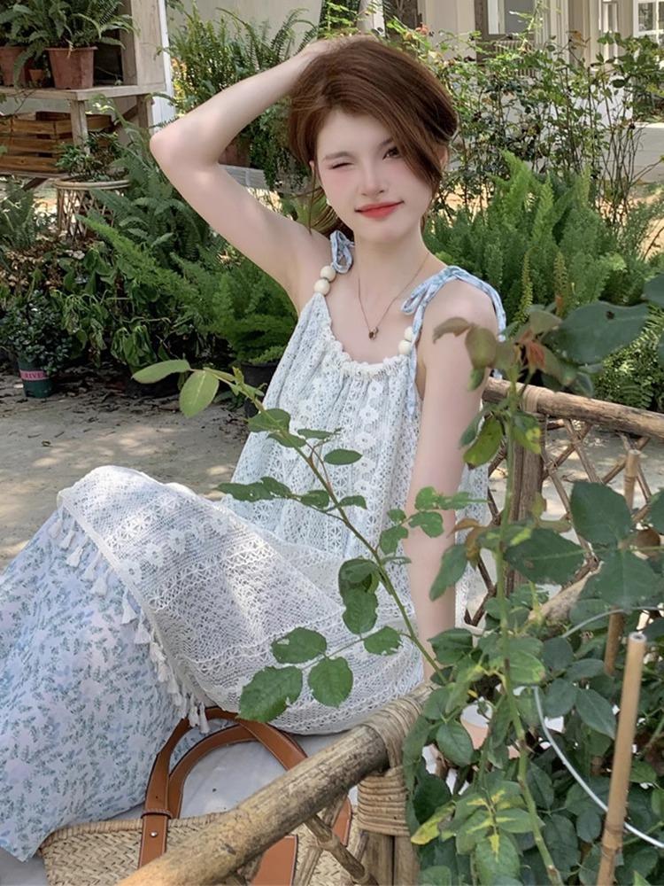 French retro fringed splicing sweet dress children's summer new thin temperament suspender sleeveless medium and long dress