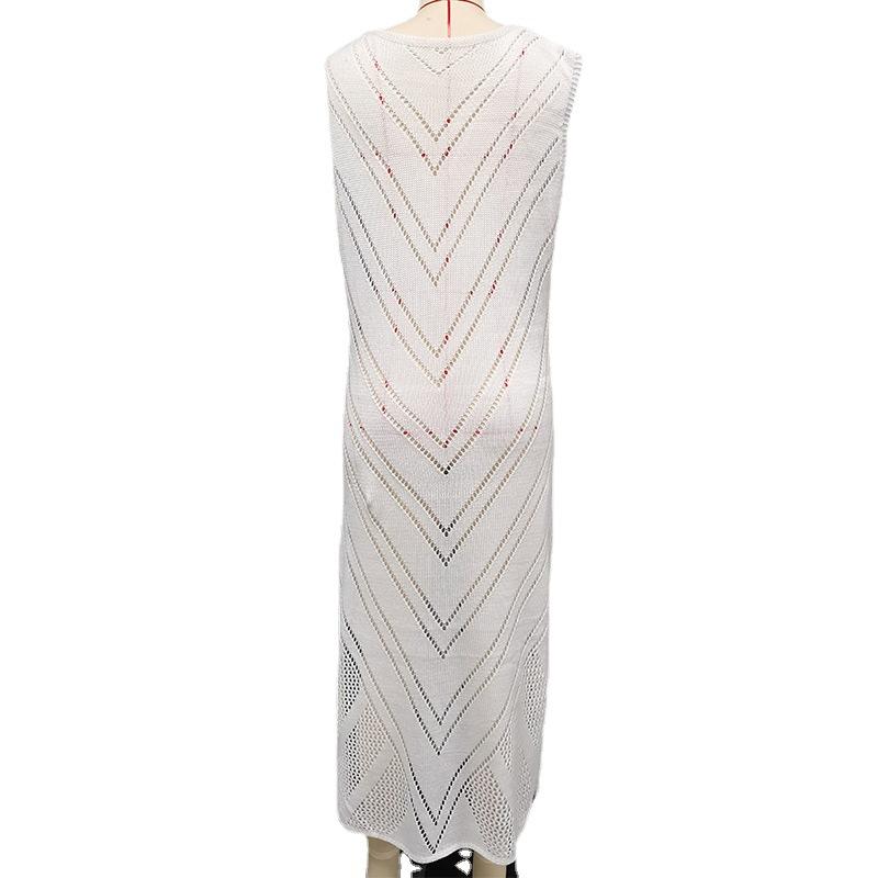 Vacation Dress Sexy Collar Solid Color Breathable Hollow Knitted Suspender Long Skirt Women's Dress