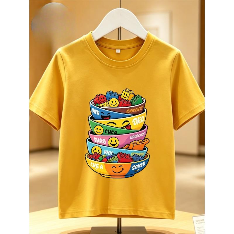 European Sizes Creative Building Blocks Colorful Bowl Print Boy T-Shirt, Round Neck Boy Top, Soft Breathable Skin-Friendly Comfortable