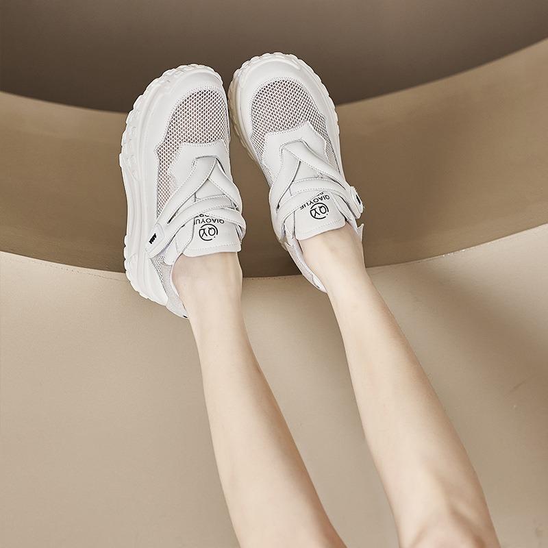 Leather small size casual shoes for women, thick-soled inner height-increasing dad shoes for women, Velcro student white shoes