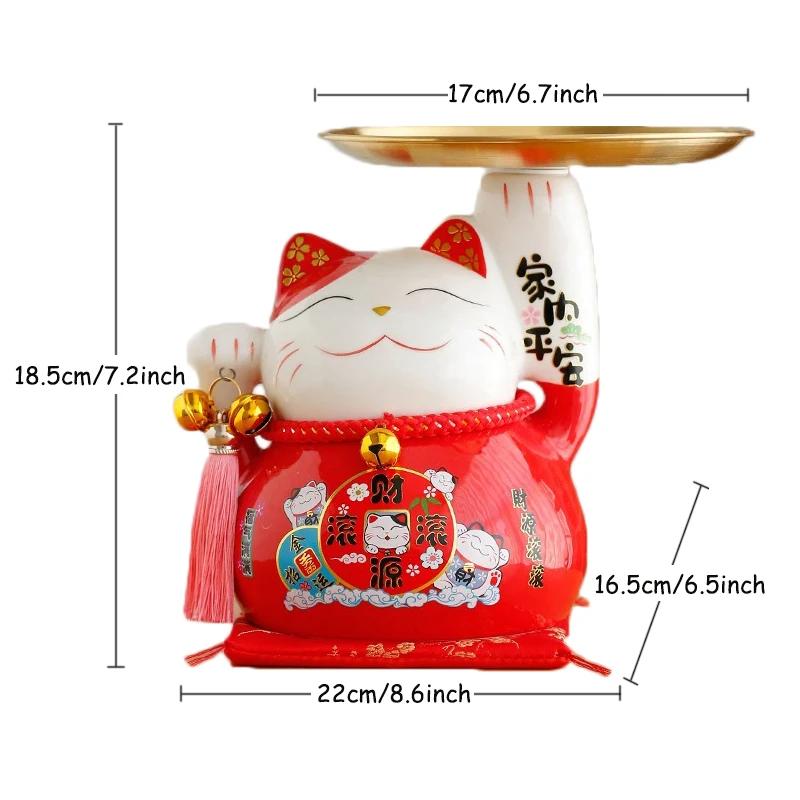 

Ceramic Lucky Cat with Storage Tray Maneki Neko Cat Statues Sculptures Key Holder Modern Figurine for TV Cabinet Home Decoration красный