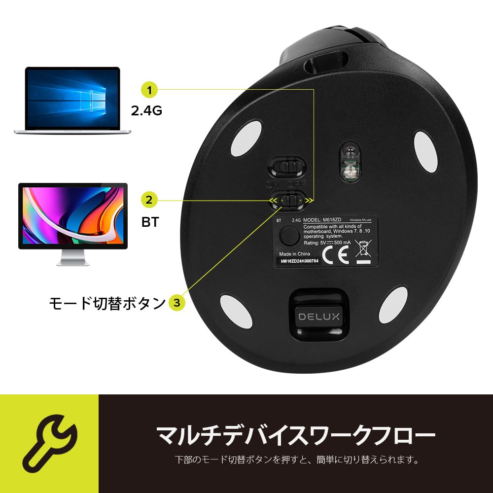 DELUX Ergonomic Mouse, Left-Handed, Wireless Vertical Mouse, Quiet, 4000 DPI, Left-Handed, Rechargeable, 2.4GBluetooth Dual Mode, Relieves Carpal