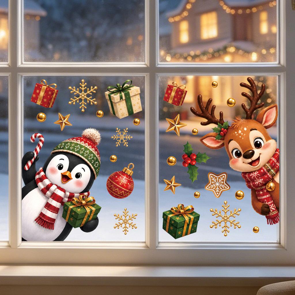 Christmas Decorations Static Cling Stickers Santa Snowman Wall Decals