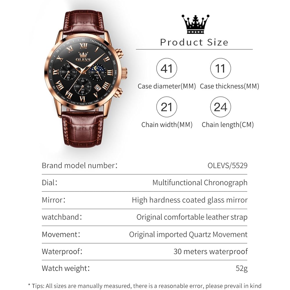 OLEVS Men's Stylish Waterproof Watch with Brown Leather Strap, Date Display, Analog Quartz, Black Dial