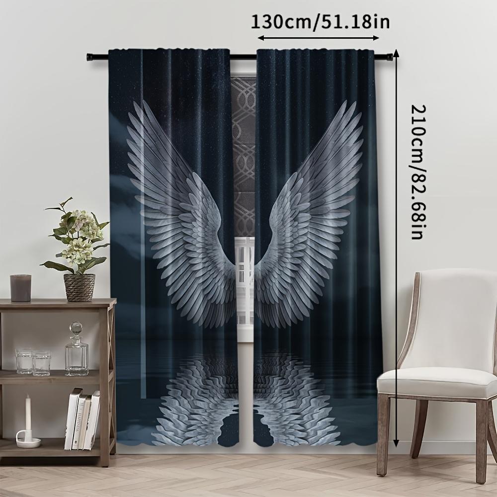 2pcs Angel Wings Starry Sky Blackout Curtains, Woven Polyester Pongee, Semi-Sheer Roller Embossing, Rod Pocket, Machine Washable