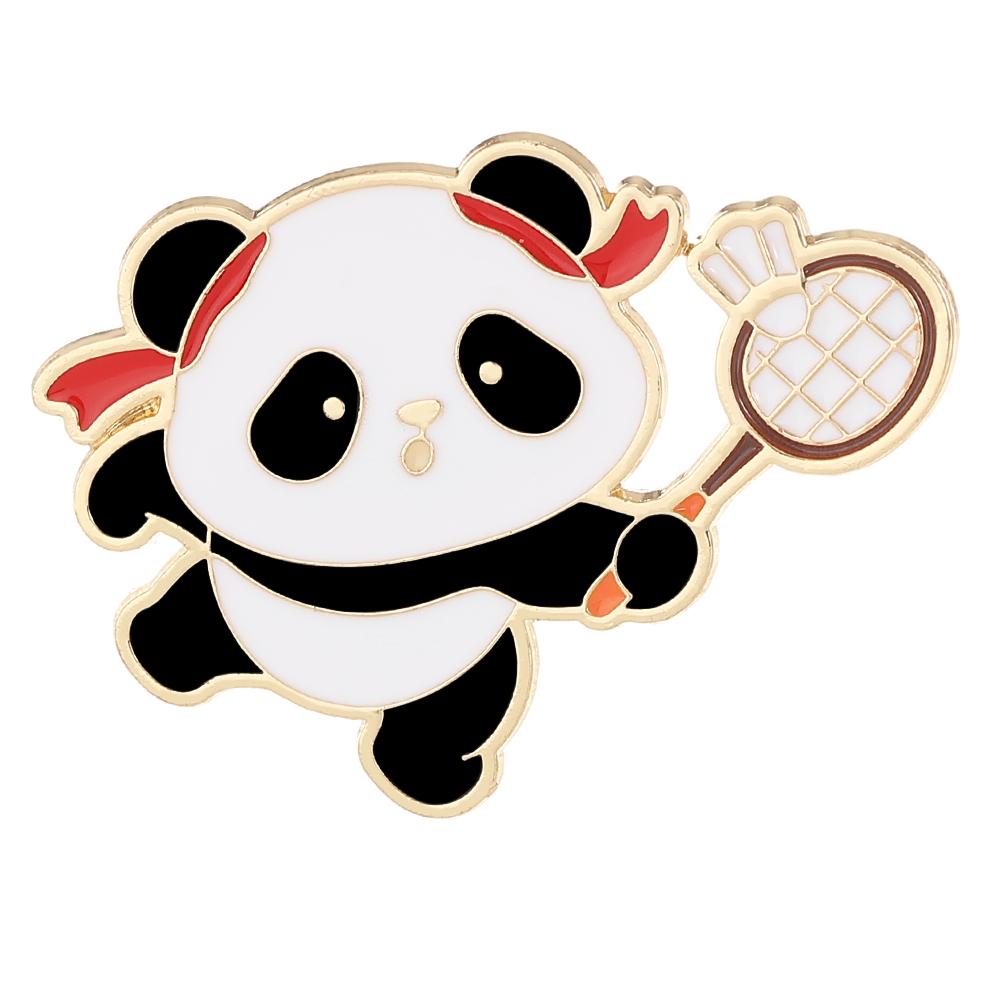 4Pcs/Set Funny Panda Play Badminton Design Enamel Brooches Cartoon Sports Panda Golden Pins For Women Backpack Bag Jacket Badge