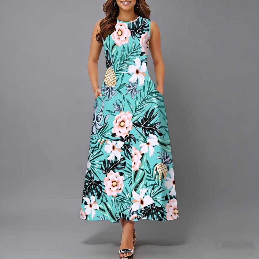 Women Plus Size Sleeveless Round Neck Dress Bright Tropical Flamingo Printed Loose Maxi Gown
