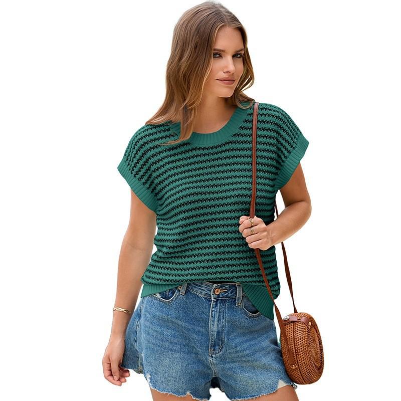 Women's Striped Knit Summer Top - Loose, Short-Sleeved, Round Neck, Casual Hollow Design Sweater