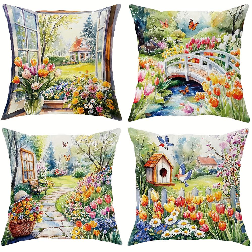 1/4pcs 2D Flat- Watercolor Spring Cottage Garden Throw Pillow Cover Home farmhouse outdoor decoration cushion cover