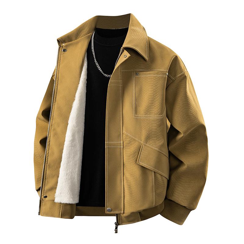 Мужская модная хлопковая куртка с плюшем - Осенне-зимняя кожаная куртка в японском стиле 2XL