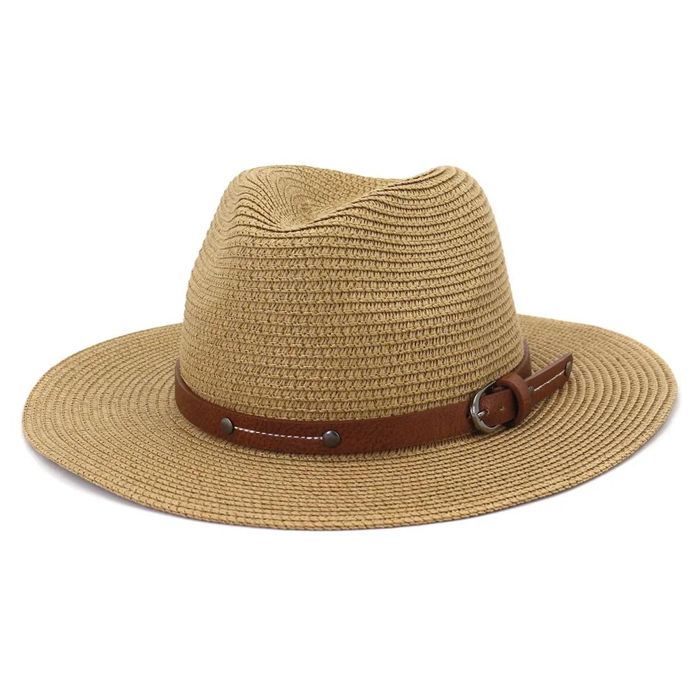 Navy Panama Hat Straw Summer Hats for Women Men Fedora Wide Brim Belt Decorate Male Female Jazz Sombrero Cap Black Pink New