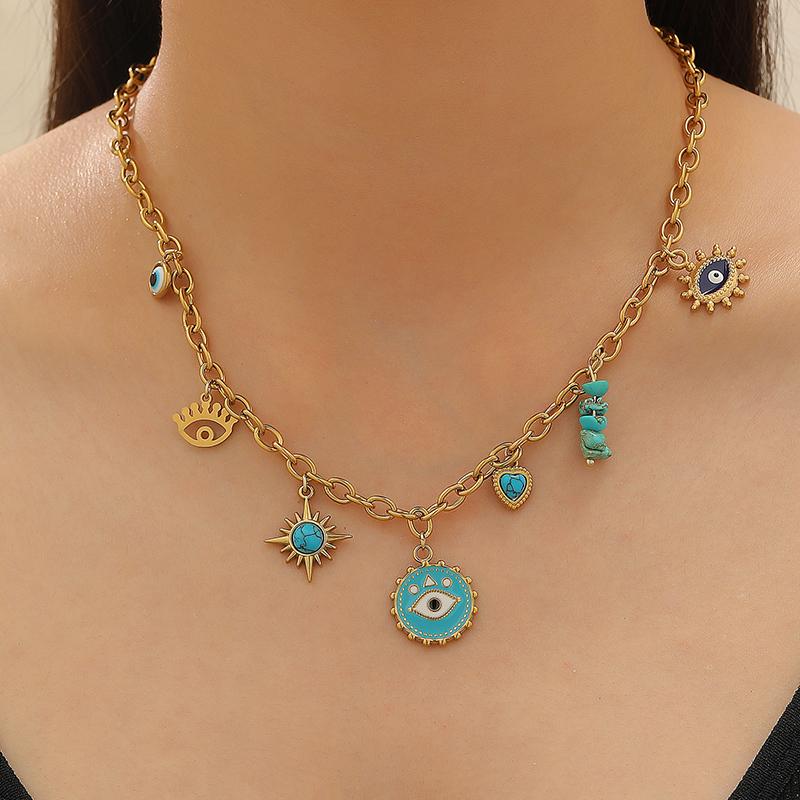 Vintage Stainless Steel Sunflower Multi Charm Necklace for Women Luxury High-End Collarbone Chain Beach Vacation Accessory Gift