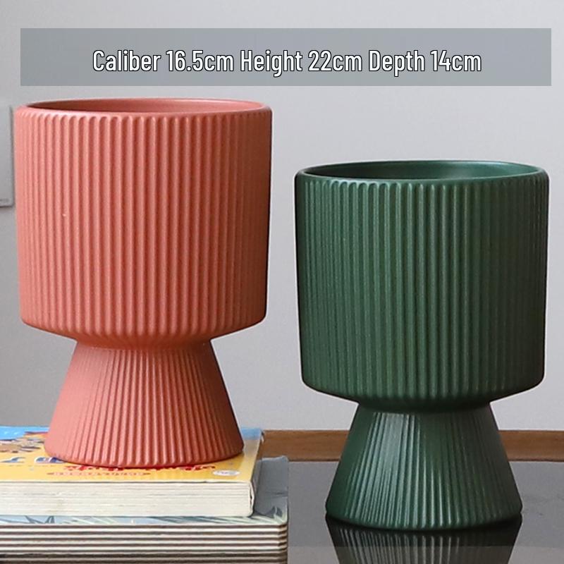 Nordic Ceramic Flower Pot with Tray - High-Footed Vertical Stripes for Indoor/ Balcony, Ideal for Pothos and Orchids.