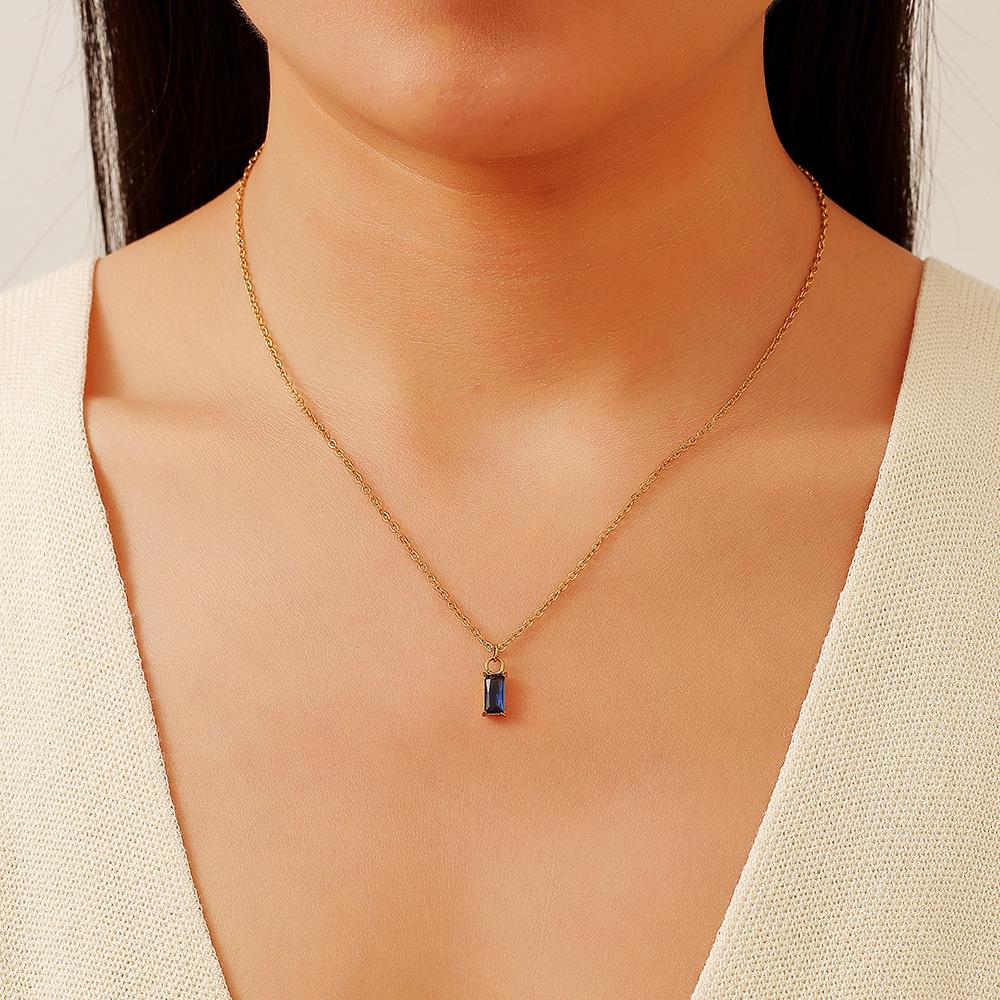 High-End European-American 18K Gold-Plated Titanium Necklace with Blue Zirconia Square Pendant for Women