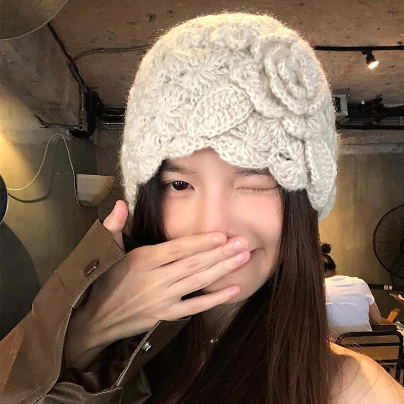 Women Japanese Style Hollow Flower Knit Beanie Autumn Winter Warm Hat