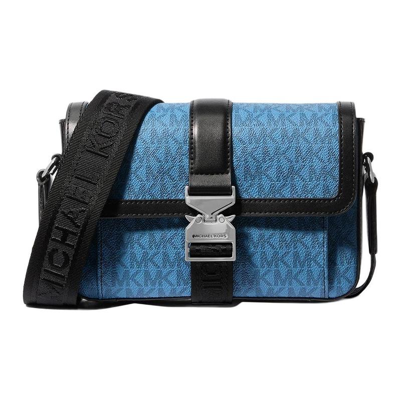 MICHAEL KORS Hudson Logo Print Contrast Design Coated Canvas Faux Leather Crossbody Shoulder Bag Men s Blue синий