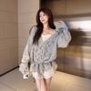 Lazy Style Apricot Hollow Out V-neck Sweater Coat Women Soft Waxy Loose Drawstring Lace Trumpet Sleeves Knitted Cardigan