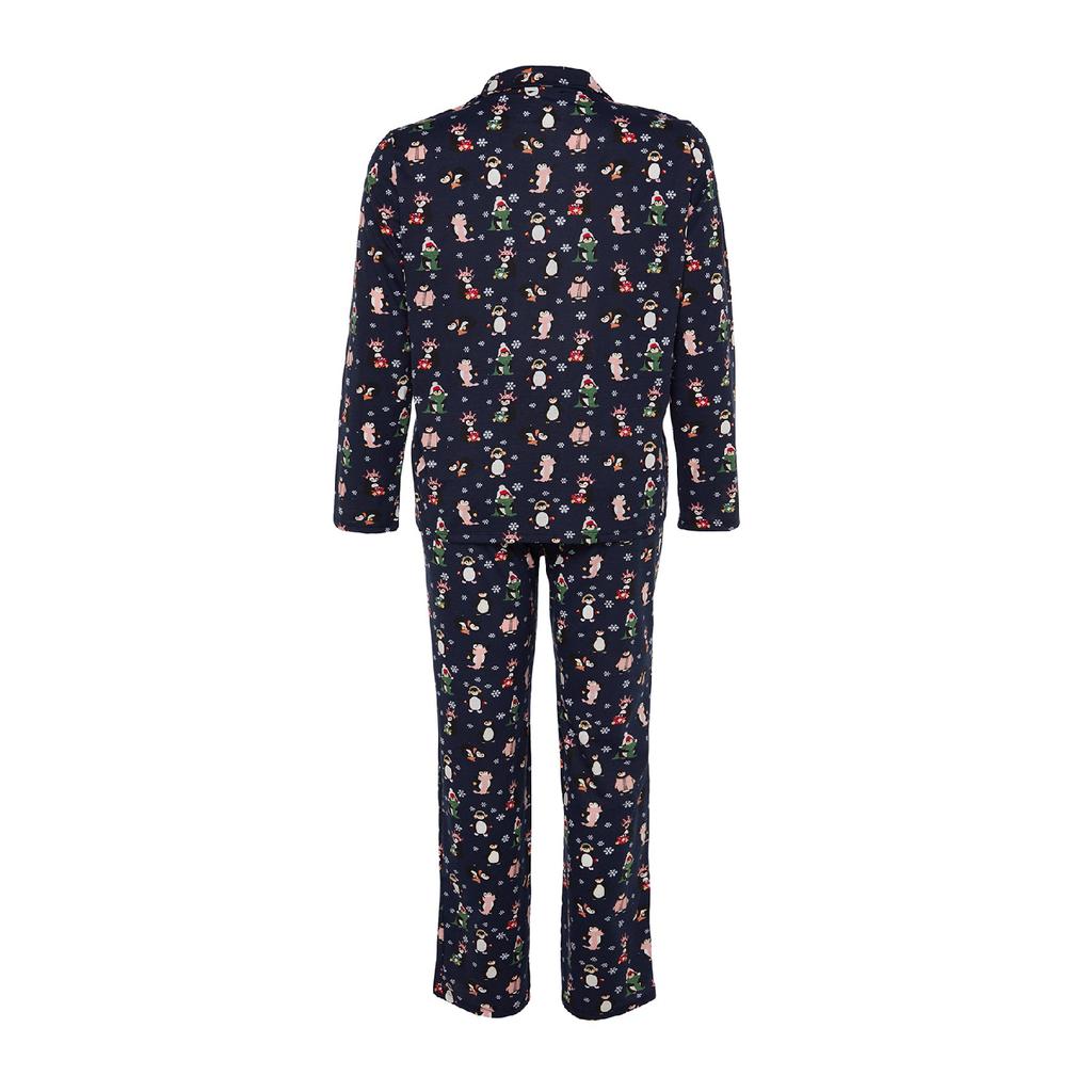 Navy Blue Patterned Knitted Pajama Set Tbbaw24ai00002