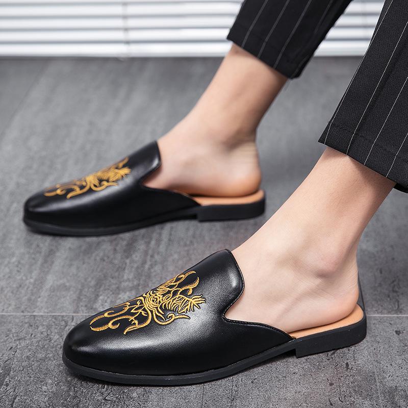 Men s Korean-Style Slip-On Sandals: Trendy British Leather Backless Slippers 38 чёрный