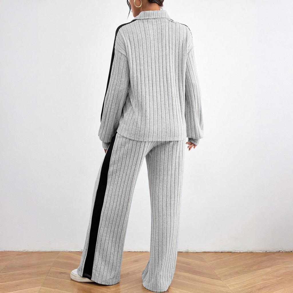 Ensemble Haut Décontracté Ample et Confortable à Capuche avec Cordon de Serrage et Fermeture Éclair Color Block pour Femme, Pantalon Couleur Unie