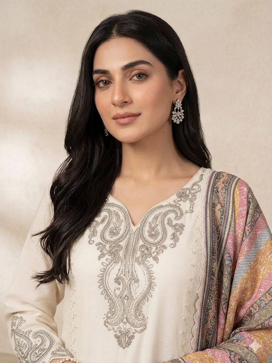 The Heritage Embroidered Kurta Set with Jacquard Striped Shawl M