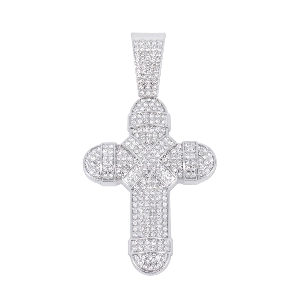 Men Hip Hop Cuban Chain Alloy Necklace Trendy Rap Style Full Diamond Wrapped Cross Pendant Street Fashion Accessories