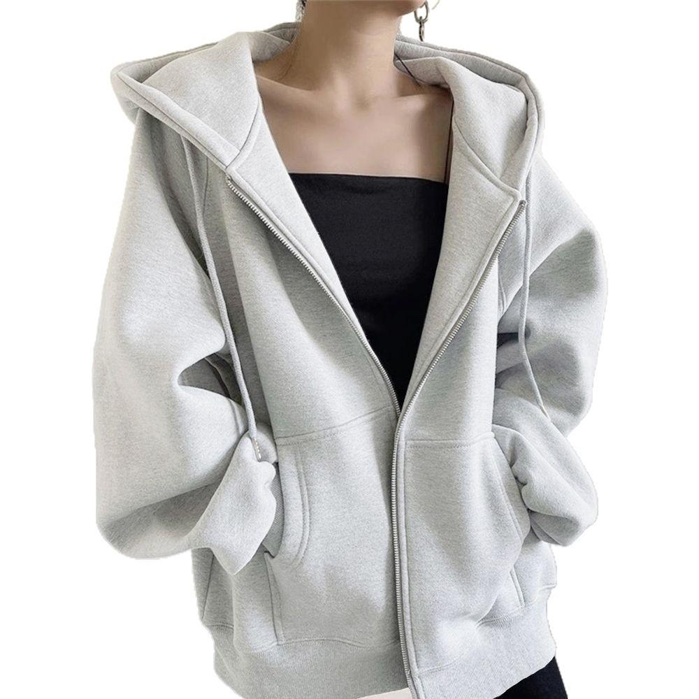 Women's Autumn/Winter Plus Velvet Zipper Cardigan Hoodie - Thick, American-Style, Loose Fit, Slimming Top