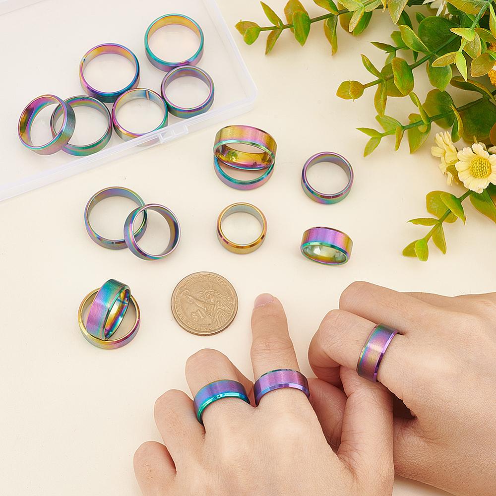 18Pcs 9 Styles Stainless Steel Wide Band Finger Rings for Women Men Plain Band Rings Rainbow Color 8mm Inner Diameter: US Size 4 1/4~13 1/4(15~22.4mm)