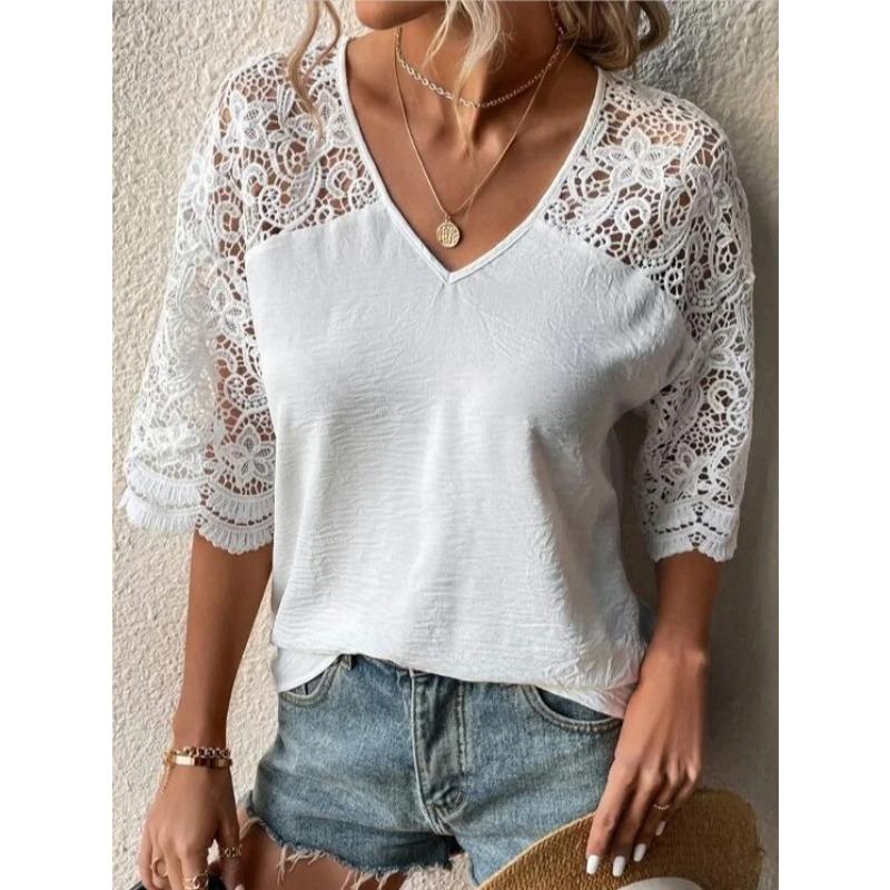 

Женская футболка Летняя Свободная Повседневная Кружевная V-образный вырез Рукав пять точек Футболка Женские топы XXXXXL белый