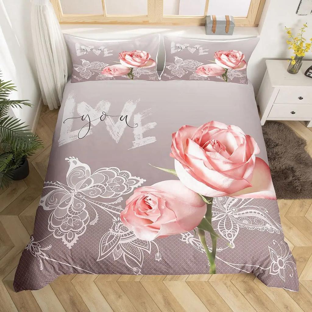 Comforter Red Rose Twin King Size Romantic Floral Bedding Set Flower Comforter With 2 For Valentine'S Day