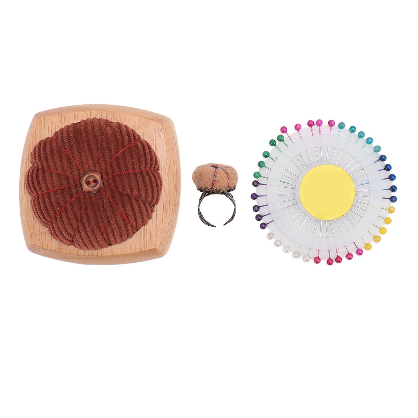 

Pin Cushion Kit Cute Pumpkin Shape Pin Cushion Wooden Base with Finger Ring Pincushions Sewing Pins for DIY Crafts Brown