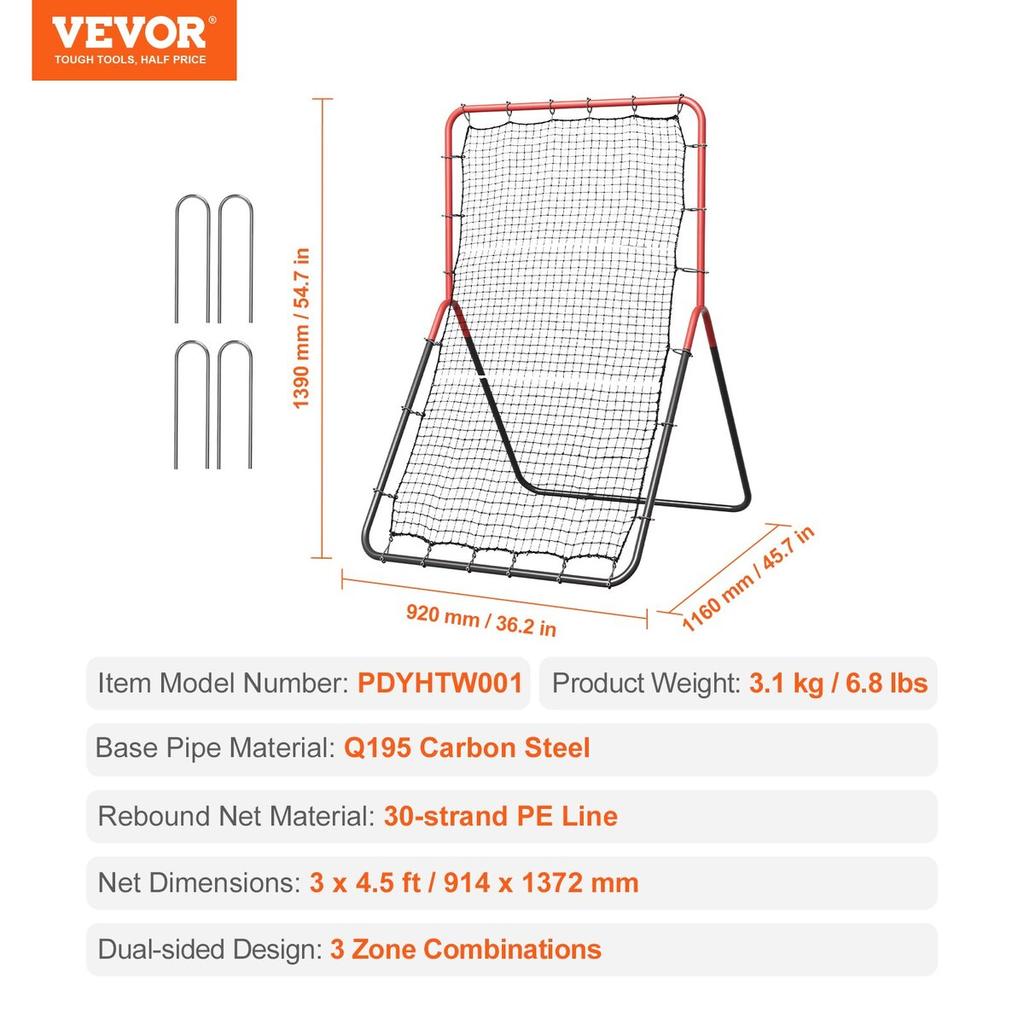 Baseball And Softball Rebounder Net 3x4.5 Ft PitchBack 3-Way Trainer